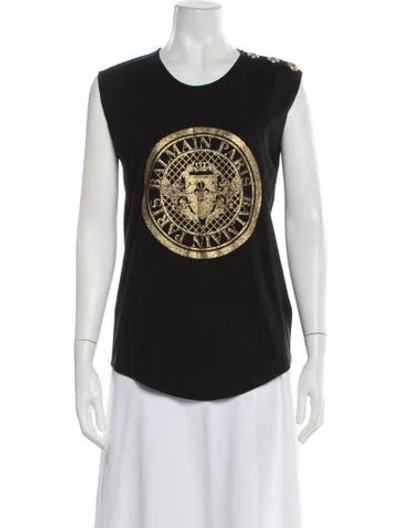 Pre-owned Balmain Graphic Print Crew Neck Top In Black