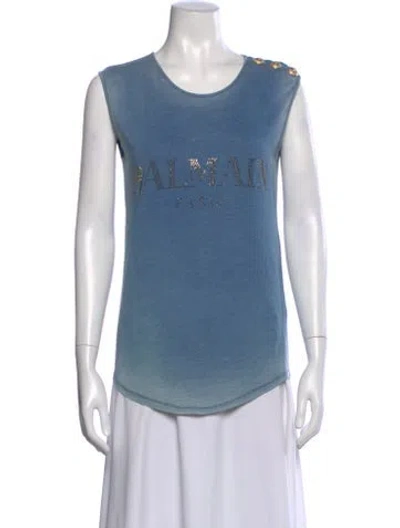 Pre-owned Balmain Graphic Print Crew Neck Top In Blue