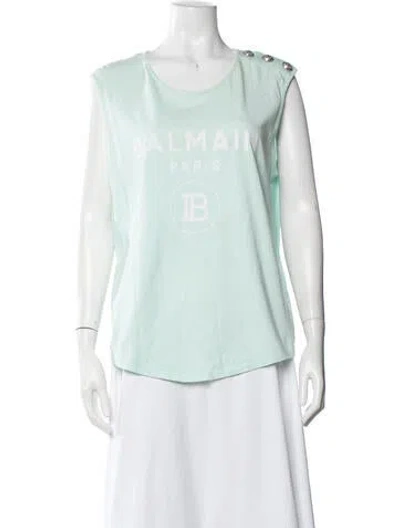 Pre-owned Balmain Graphic Print Crew Neck Top In Blue