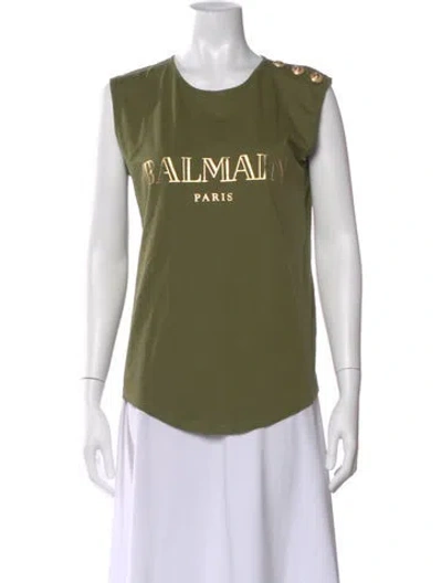 Pre-owned Balmain Graphic Print Crew Neck Top In Green