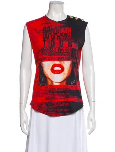 Pre-owned Balmain Graphic Print Crew Neck Top W/ Tags In Red