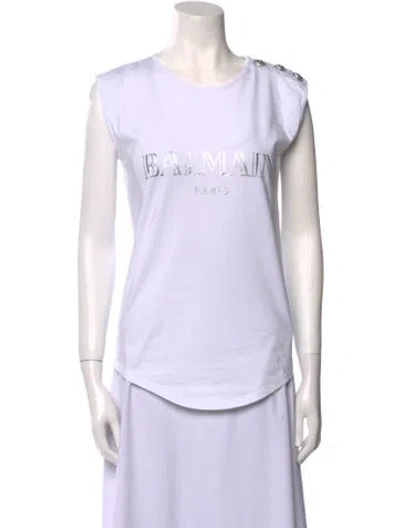 Pre-owned Balmain Graphic Print Crew Neck Top W/ Tags In White