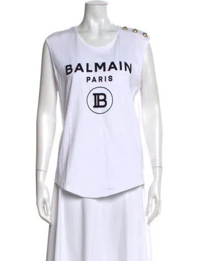 Pre-owned Balmain Graphic Print Crew Neck Top In White