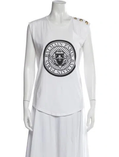 Pre-owned Balmain Graphic Print Crew Neck Top In White