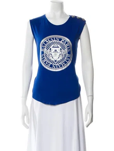 Pre-owned Balmain Graphic Print Crew Neck T-shirt In Blue