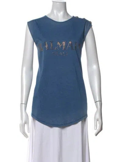 Pre-owned Balmain Graphic Print Crew Neck T-shirt In Blue