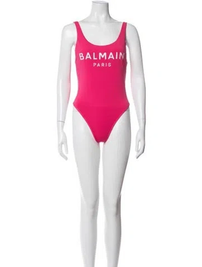 Pre-owned Balmain Graphic Print Crystal Embellishments One-piece In Red