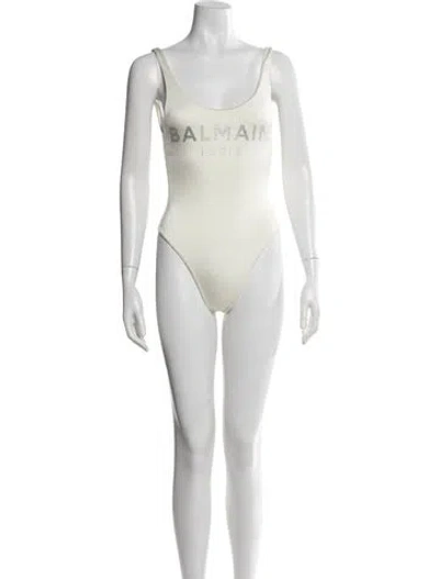 Pre-owned Balmain Graphic Print Crystal Embellishments One-piece In White