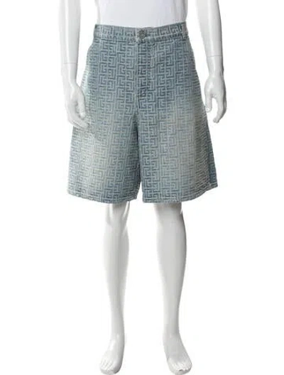 Pre-owned Balmain Graphic Print Denim Shorts In Blue