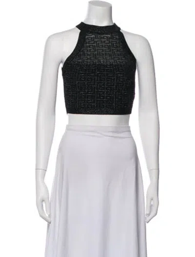 Pre-owned Balmain Graphic Print Halterneck Crop Top In Black