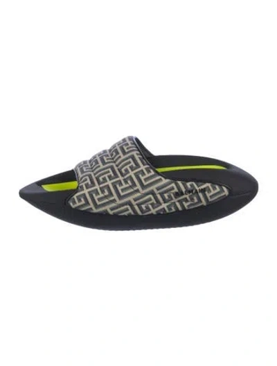 Pre-owned Balmain Graphic Print Leather Trim Embellishment Slides In Blue