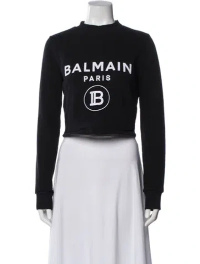 Pre-owned Balmain Graphic Print Mock Neck Crop Top In Black