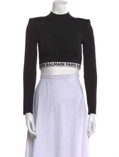 Pre-owned Balmain Graphic Print Mock Neck Crop Top In Black