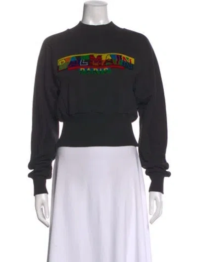 Pre-owned Balmain Graphic Print Mock Neck Crop Top In Black