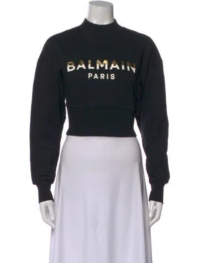 Pre-owned Balmain Graphic Print Mock Neck Crop Top In Black