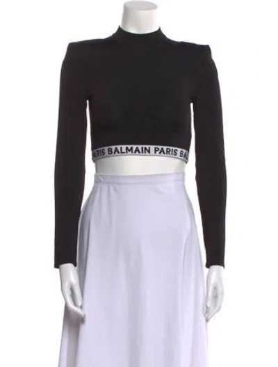 Pre-owned Balmain Graphic Print Mock Neck Crop Top In Black