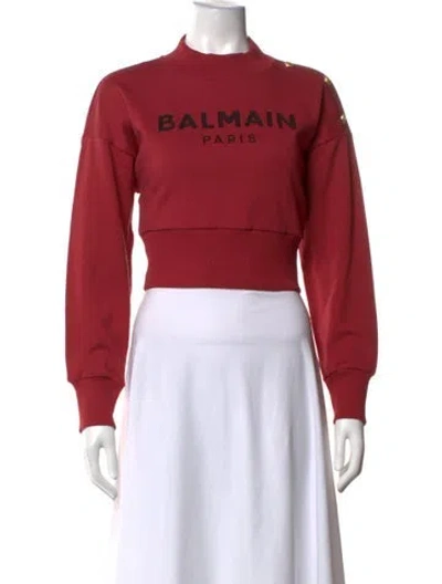 Pre-owned Balmain Graphic Print Mock Neck Sweatshirt In Black/red