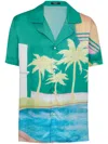 Balmain Short-sleeved Twill Pyjama Shirt With Palm Tree Print In Green