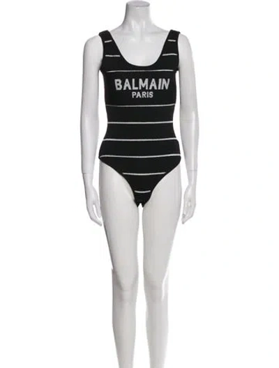 Pre-owned Balmain Graphic Print Scoop Neck Bodysuit In Black