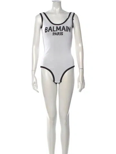 Pre-owned Balmain Graphic Print Scoop Neck Bodysuit In Black