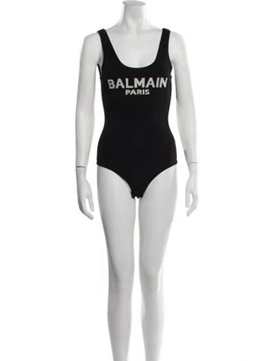 Pre-owned Balmain Graphic Print Scoop Neck Bodysuit In Black