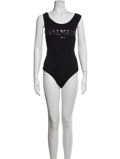 Pre-owned Balmain Graphic Print Scoop Neck Bodysuit In White