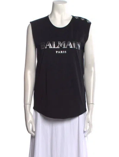 Pre-owned Balmain Graphic Print Scoop Neck Top In Black