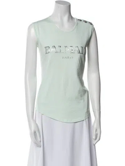 Pre-owned Balmain Graphic Print Scoop Neck Top In Green