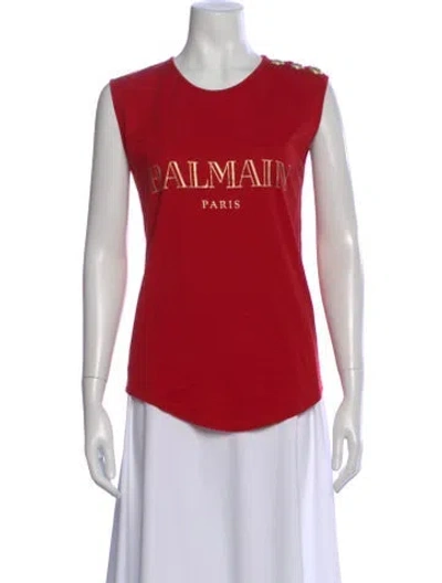 Pre-owned Balmain Graphic Print Scoop Neck Top In Red
