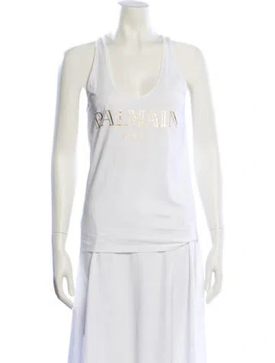 Pre-owned Balmain Graphic Print Scoop Neck Top In White