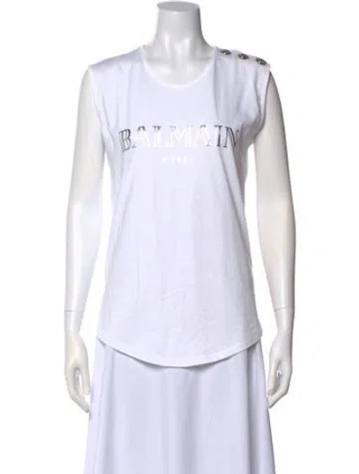 Pre-owned Balmain Graphic Print Scoop Neck Top In White