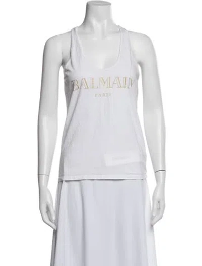 Pre-owned Balmain Graphic Print Scoop Neck Top In White