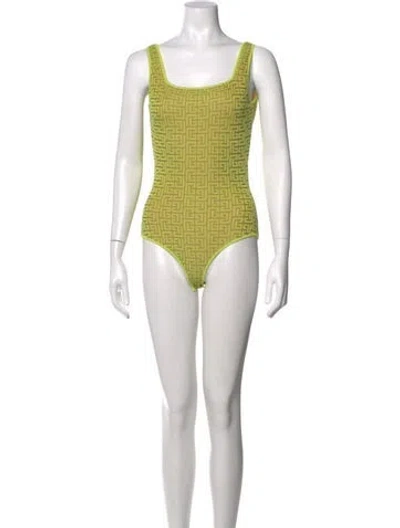 Pre-owned Balmain Graphic Print Square Neckline Bodysuit In Brown