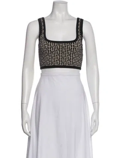 Pre-owned Balmain Graphic Print Square Neckline Crop Top In Black