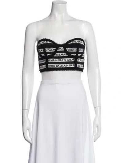 Pre-owned Balmain Graphic Print Strapless Crop Top In Black