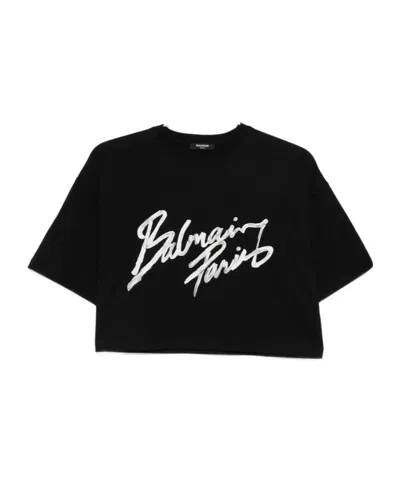 BALMAIN BALMAIN GRAPHIC PRINTED CROPPED T-SHIRT