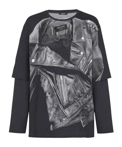 BALMAIN BALMAIN BIKER JACKET PRINTED LONG SLEEVED T-SHIRT
