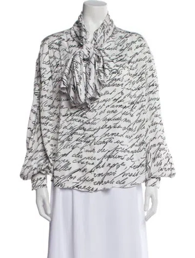 Pre-owned Balmain Graphic Print Tie Neck Blouse In White