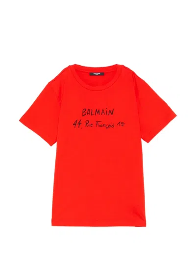 Balmain Kids' Graphic-print Crew Neck T-shirt In Red