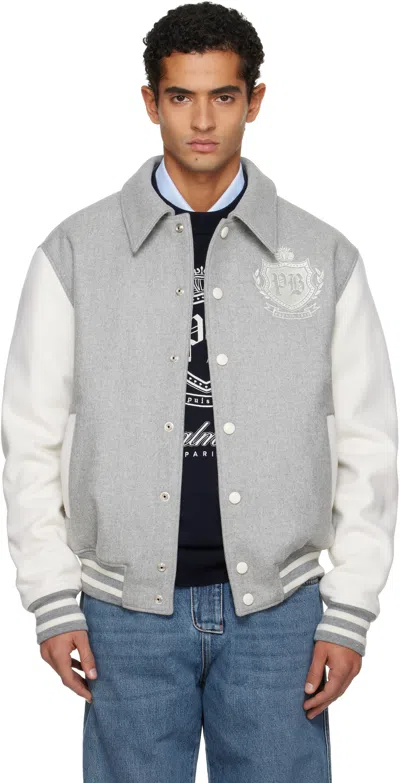 Balmain Gray Bicolor Wool Varsity Bomber Jacket