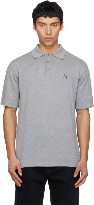 BALMAIN GRAY EMBROIDERED COTTON POLO