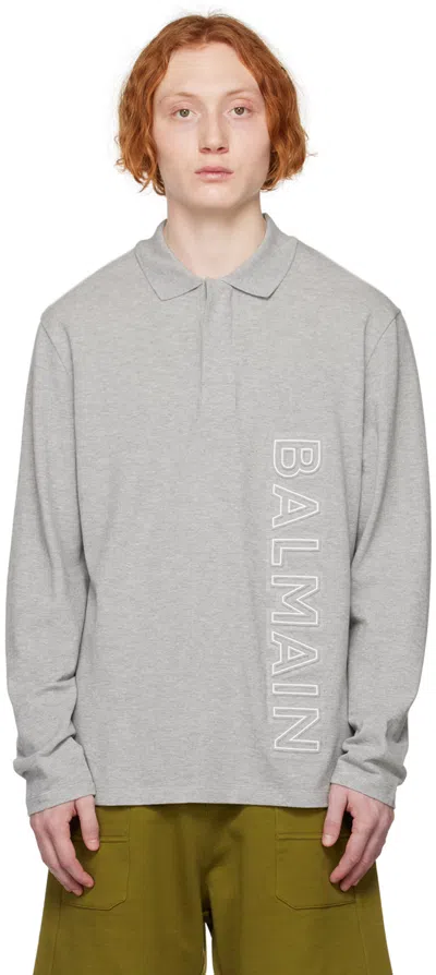 Balmain Gray Long Sleeve Polo In Ydu Gris Chiné/blanc