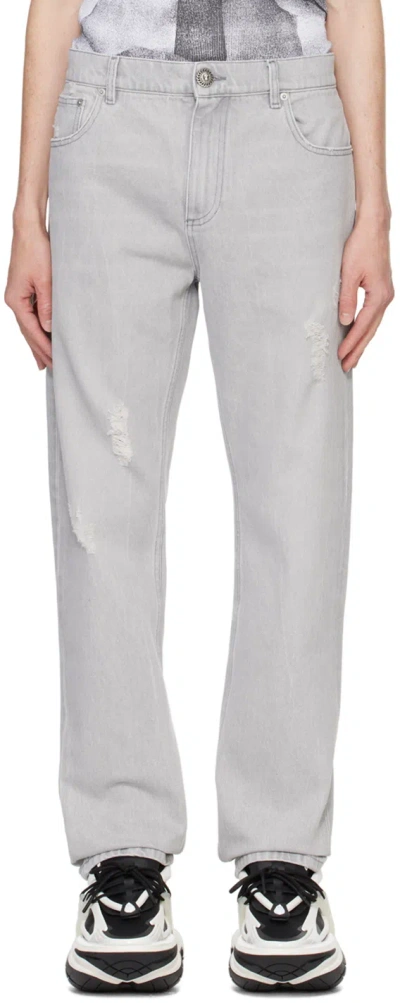 Balmain Washed Denim Straight Cut Jeans In Gray