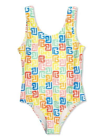 Balmain Kids' Greca-print Swimsuit In Yellow