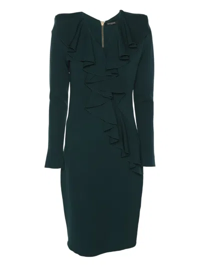 Pre-owned Balmain Ruffle Long-sleeved Dress In Green