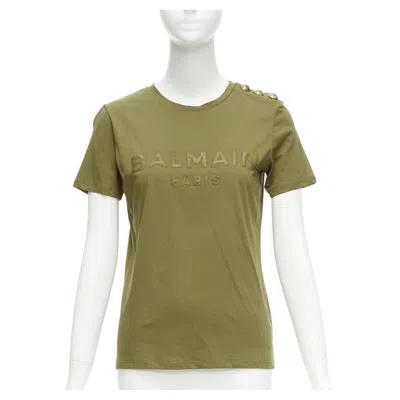 Pre-owned Balmain Green Brown Distressed Logo Military Buttons Tshirt Xs