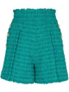 Balmain Green Button-embossed Tweed Shorts In Green