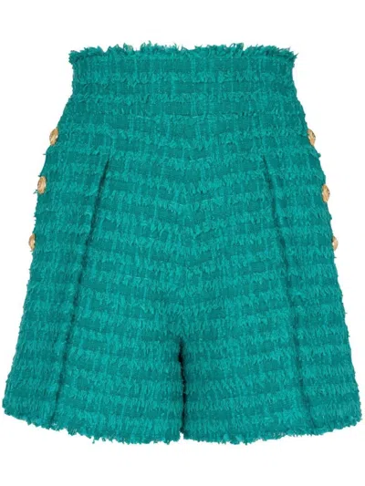 BALMAIN GREEN BUTTON-EMBOSSED TWEED SHORTS