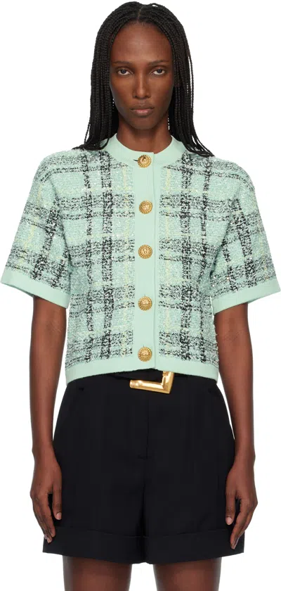 Balmain Green Buttoned Shiny Light Tweed Cardigan
