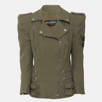 Pre-owned Balmain Green Canvas Biker Jacket M
